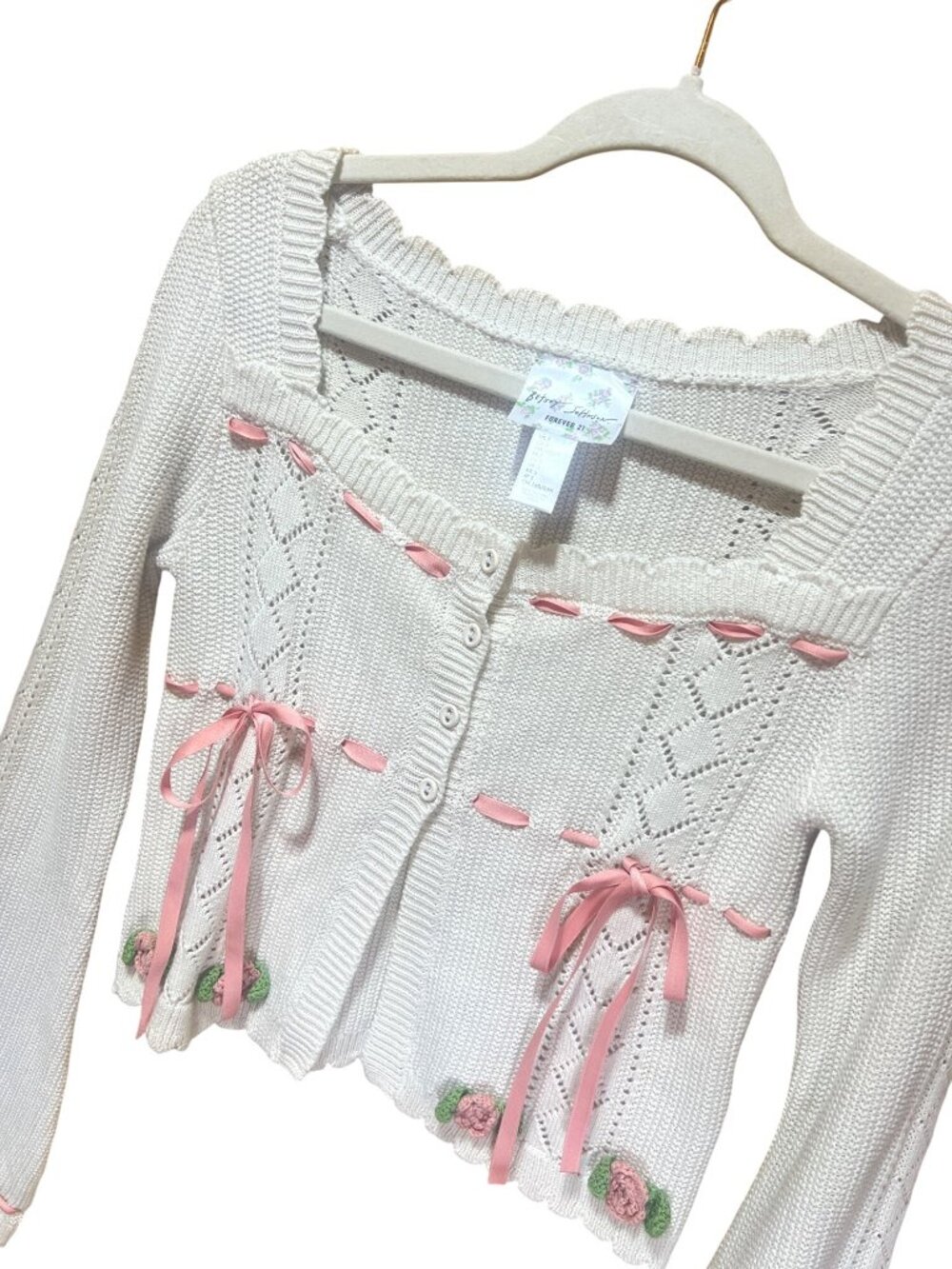 Betsy Johnson Forever 21 Floral Knit Cardigan With Pink Ribbons & Crochet Flower